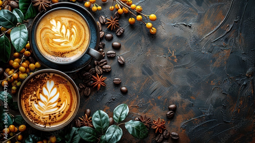  Two cups of cappuccino on a table surrounded by coffee beans, cinnamon, and green leaves