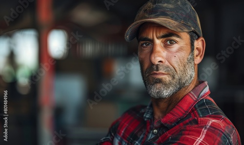 Hispanic man in work force. Hard worker, tough guy with serious face