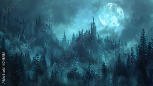 A moonlit forest is pierced by the crumbling ruins of an ancient castle, its turrets silhouetted against the night sky. photo