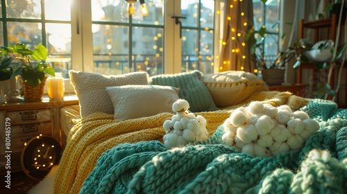   Neat bedroom with a cozy blanket covering the tidy bed and two poms on top photo