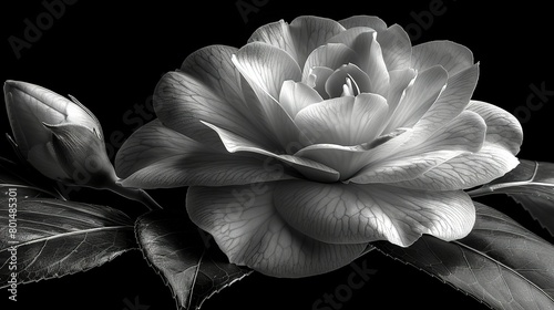  B W image of a flower w  leaves on stem   bud in center