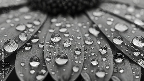  A monochrome image of a blossom with liquid droplets on its petals and central point photo