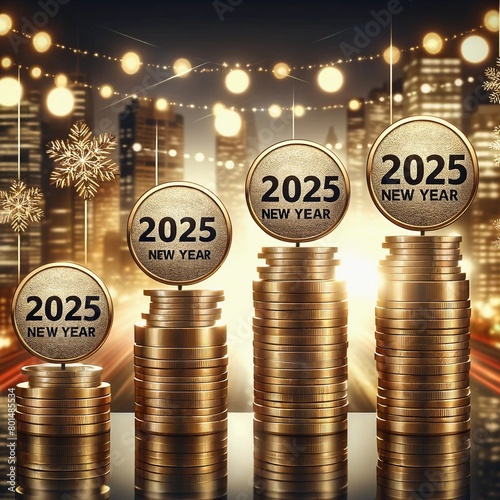 Stacked Coins with 2025 New Year Celebrations in Urban Night