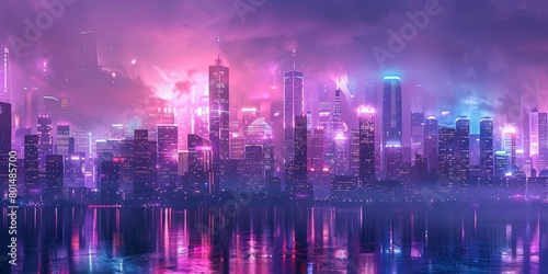 Sci-fi City Skyline with Purple and Cyan Neon lights. Night scene with Advanced Skyscrapers.