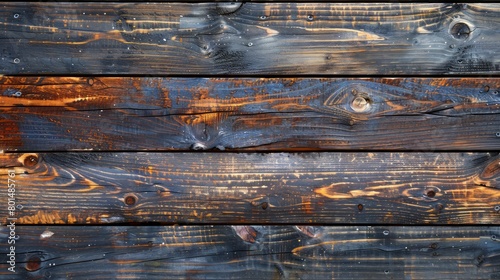 A wooden surface with a dark brown and black color scheme. The wood appears to be weathered and has a rustic feel to it. Scene is one of nostalgia and a connection to nature