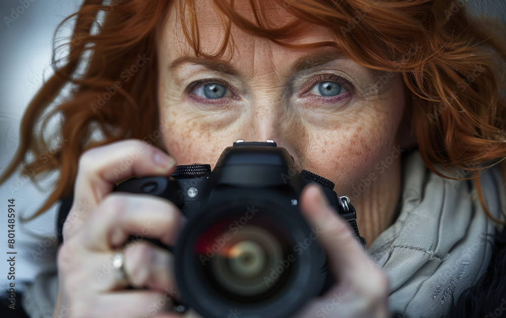 Close-up of a 55-year-old red-haired woman, photographer, taking a photo with camera. Close-up of a 55-year-old red-haired woman, photographer, taking a photo with camera.