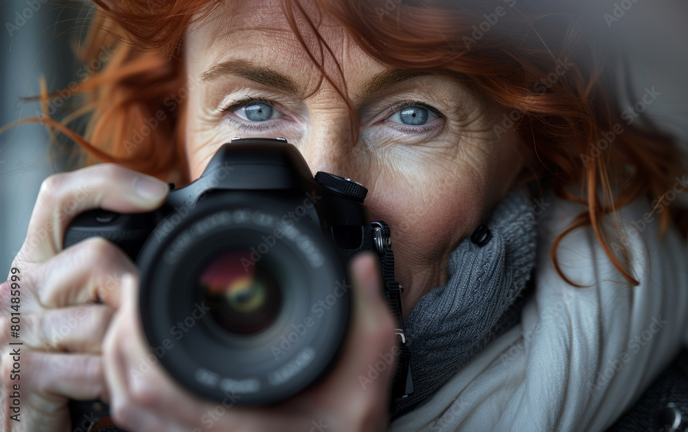 Close-up of a 55-year-old red-haired woman, photographer, taking a photo with camera. Close-up of a 55-year-old red-haired woman, photographer, taking a photo with camera.