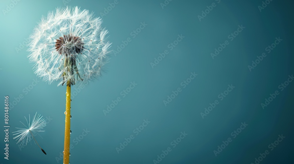  A dandelion swaying against a blue backdrop, with a monochrome dandelion in the foreground