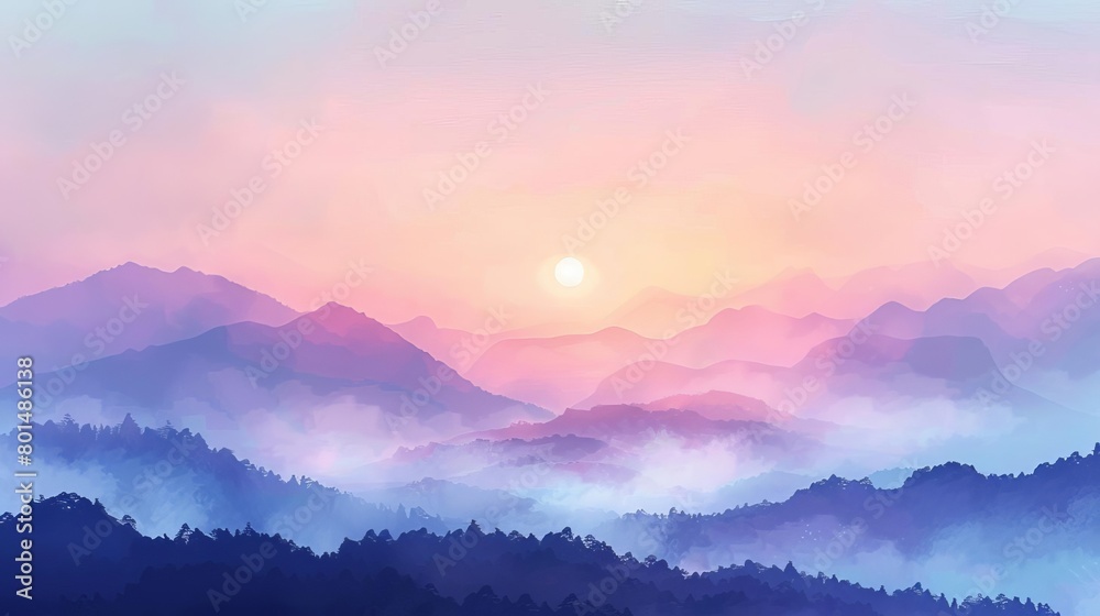 misty awakening sunrise silhouette over mountain range in pastel colors tranquil landscape digital painting