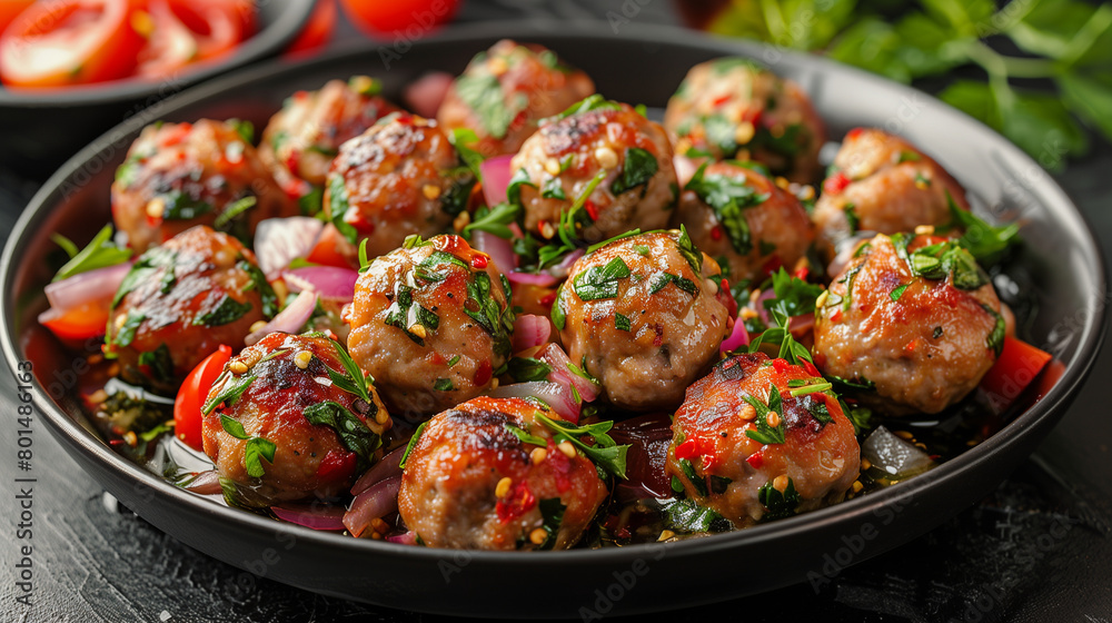 Meatballs with tomato, onion and parsley on a black plate Meatballs with tomato, onion and parsley on a black plate