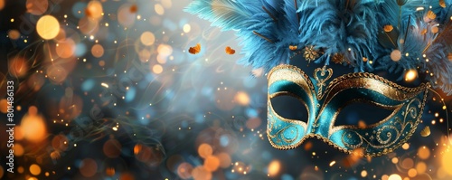 Realistic luxury carnival mask with blue feathers. Abstract blurred background, gold dust, and light effects. © Влада Яковенко