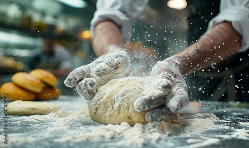 baker kneading dough for american hamburger buns