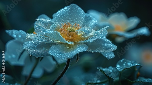  Blue flower with water drops on petals