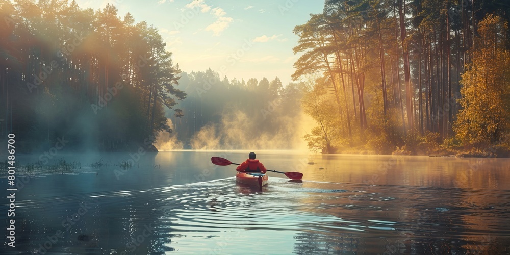 Fototapeta premium Kayaking on the forest lake in the morning