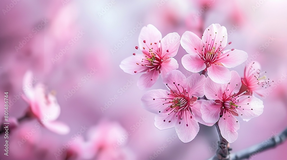 A pink flower on a branch with a blurry pink-flowered background A pink flower on a branch with a blurry pink-flowered background