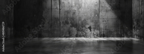 Blackandwhite photo of a concrete room with wooden flooring