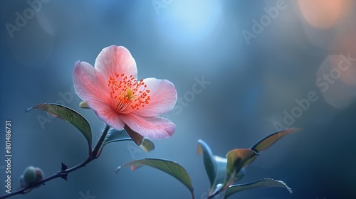   A pink flower on a twig with a blurred leafy backdrop and a blue sky in focus