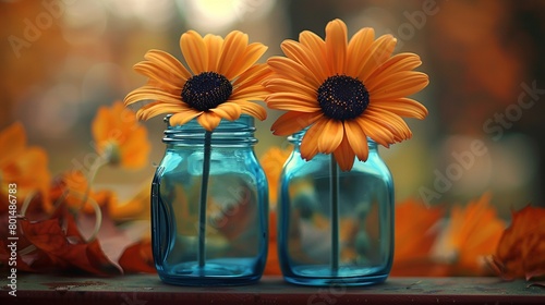  Two sunflowers in a blue vase on a windowsill surrounded by leaves