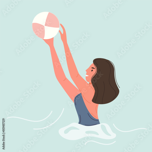 Stylized illustration of a woman in a blue swimsuit reaching up to catch a volleyball, set against pale blue water with gentle ripples.