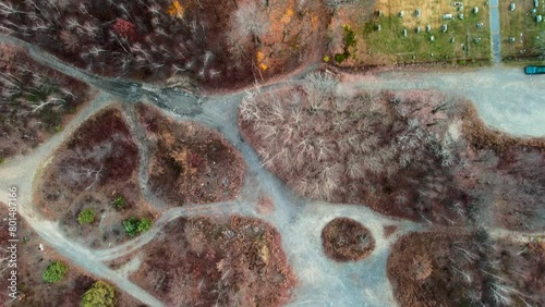 Aerial top down of cemetery and forest in Fall around abandoned coal town Centralia Pennsylvania