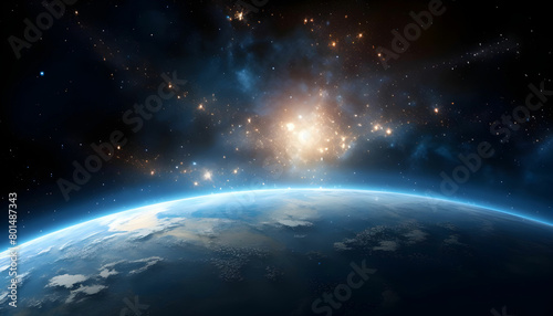 beautiful earth in space with flush of sun and stars