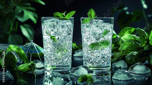  A glass of ice with green leaves surrounding it on a nearby table