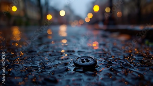  A tight shot of a wet surface featuring a solitary button in its midst, juxtaposed against streetlights in the backdrop