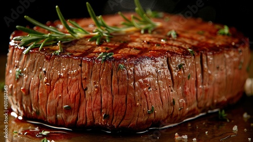  A slab of meat with a sprig of rosemary atop it on a woodcutting board