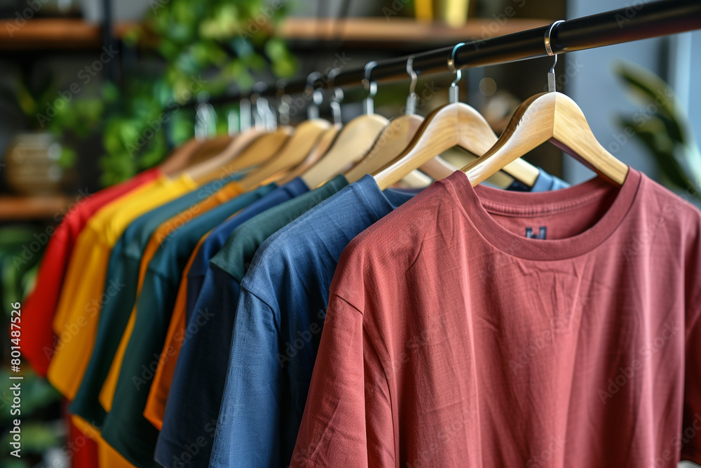 Obraz premium Rack with different stylish t-shirts on blurred background, closeup