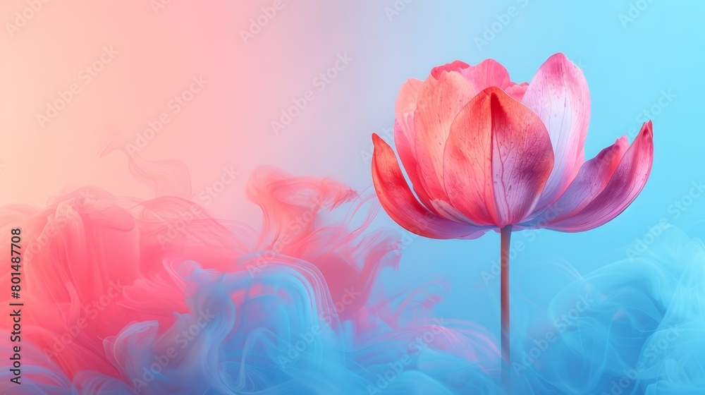 Obraz premium A tight shot of a pink-blue bloom against a backdrop of blue and pink Foreground features smoke