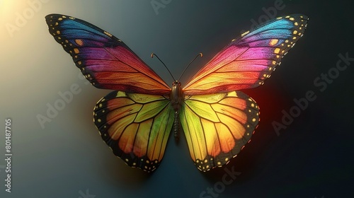  Close-up of a colorful butterfly on black background with light from behind its wings