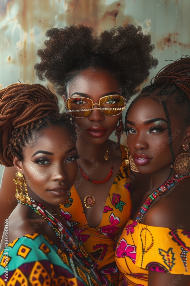 Obraz premium An ensemble of African-American women, dressed in elegant, fashionable African-style clothing, brown skin tone, afro-style hairstyle, braids and dreadlocks.