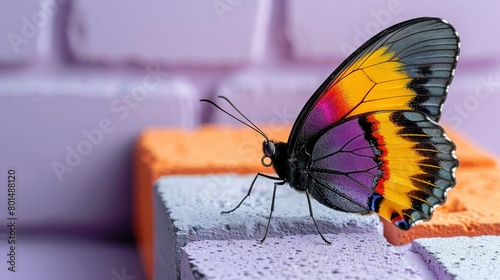   A high-resolution photo of a butterfly perched on a chunk of concrete against a backdrop of vibrant purple and yellow bricks © Sonya