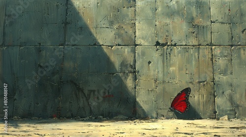   A crimson butterfly rests atop the ground, framed by a towering stone wall The image bears a subtle human silhouette cast by the shadows photo