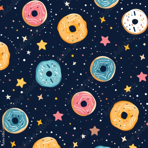 Indigo background simple minimalistic seamless pattern, multicolored playful hand drawn cute lines and stars on sugar sprinkles on a donut, confetti