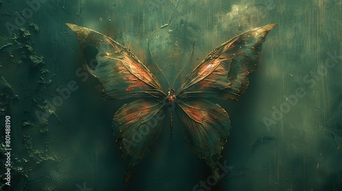   A butterfly with open wings on a green canvas photo