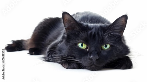 mysterious black cat with piercing green eyes isolated on white background studio portrait