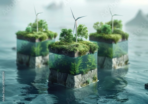 Sustainable Energy Concept with Floating Wind Turbines on Miniature Green Islands photo
