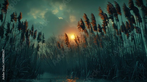  The sun illuminates a marshy region with reeds in the foreground, and a body of water in the background