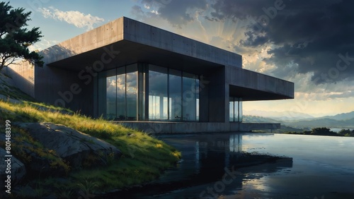 A contemporary home with glass walls extends over a calm lake against a backdrop of mountains and a dramatic sky at dusk © Constantine Art