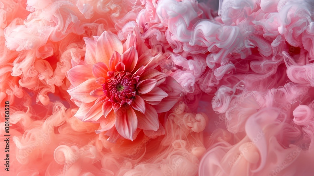   A tight shot of a pink-red bloom against a pastel backdrop of pink and white Smoke wafts upward from its center