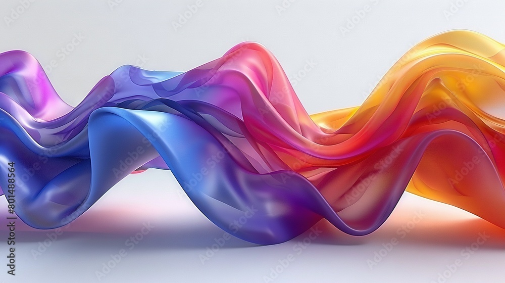 A multicolored wave of flowing material on a white background with a light reflection at the base A multicolored wave of flowing material on a white background with a light reflection at the base