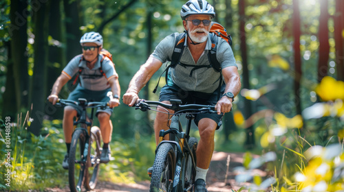sports photography, two older mountain biker between 40 and 50 years cycling down a trail in a light-filled  forest 