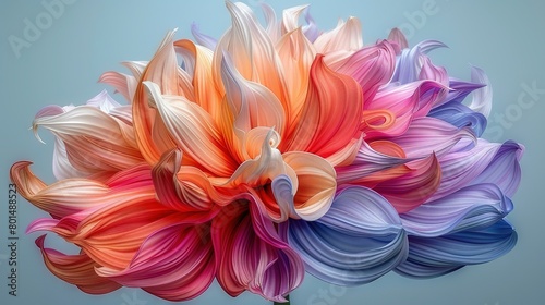   A blue background features a large, colorful flower with a green stem in its center