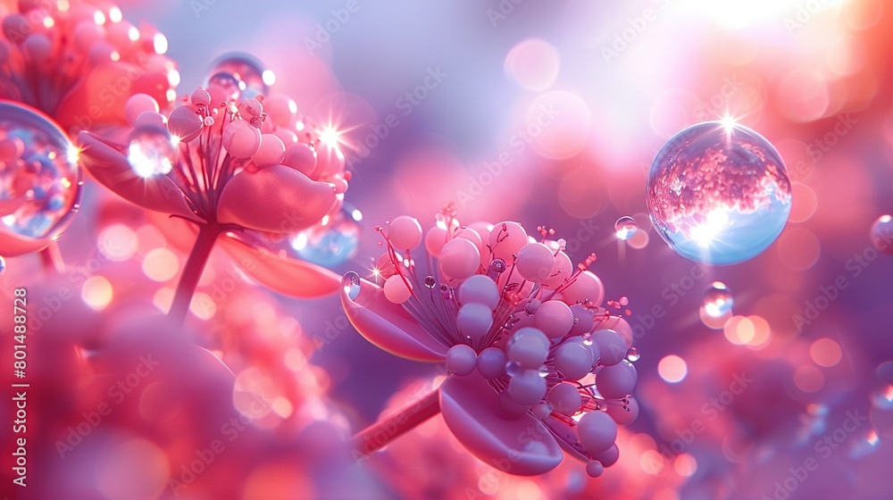   A group of floating bubbles surrounds vibrant pink flowers and a water bubble on a blue-pink backdrop