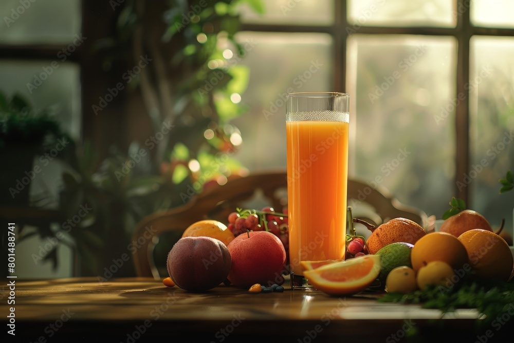A tall glass of freshly squeezed juice surrounded by an assortment of fresh fruits on a table, softly illuminated background A tall glass of freshly squeezed juice surrounded by an assortment of fresh fruits on a table, softly illuminated background