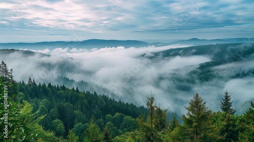 mystical rising fog in black forest germany panoramic landscape