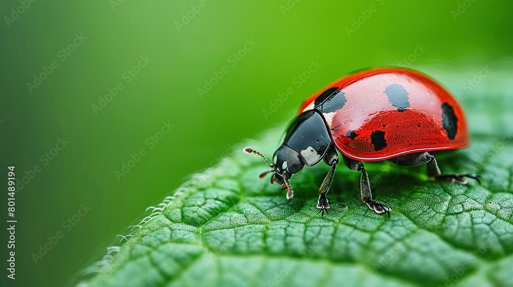 A red-and-black ladybug sits closely on a green leaf surrounded by many other leaves in the background A red-and-black ladybug sits closely on a green leaf surrounded by many other leaves in the background