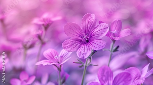   A zoomed-in image of several flowers  with purple blossoms prominently displayed in the foreground and a hazy  pinkish backdrop