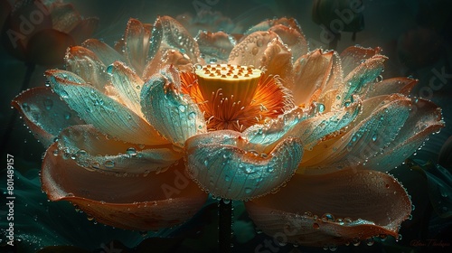  A close-up of a water lily with droplets on its petals and the center of the petals